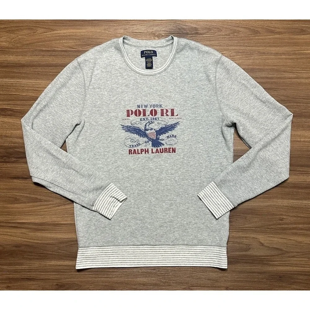 Polo Ralph Lauren Gray Waffle Knit Thermal Sleepwear Cotton Eagle Graphic Sz M